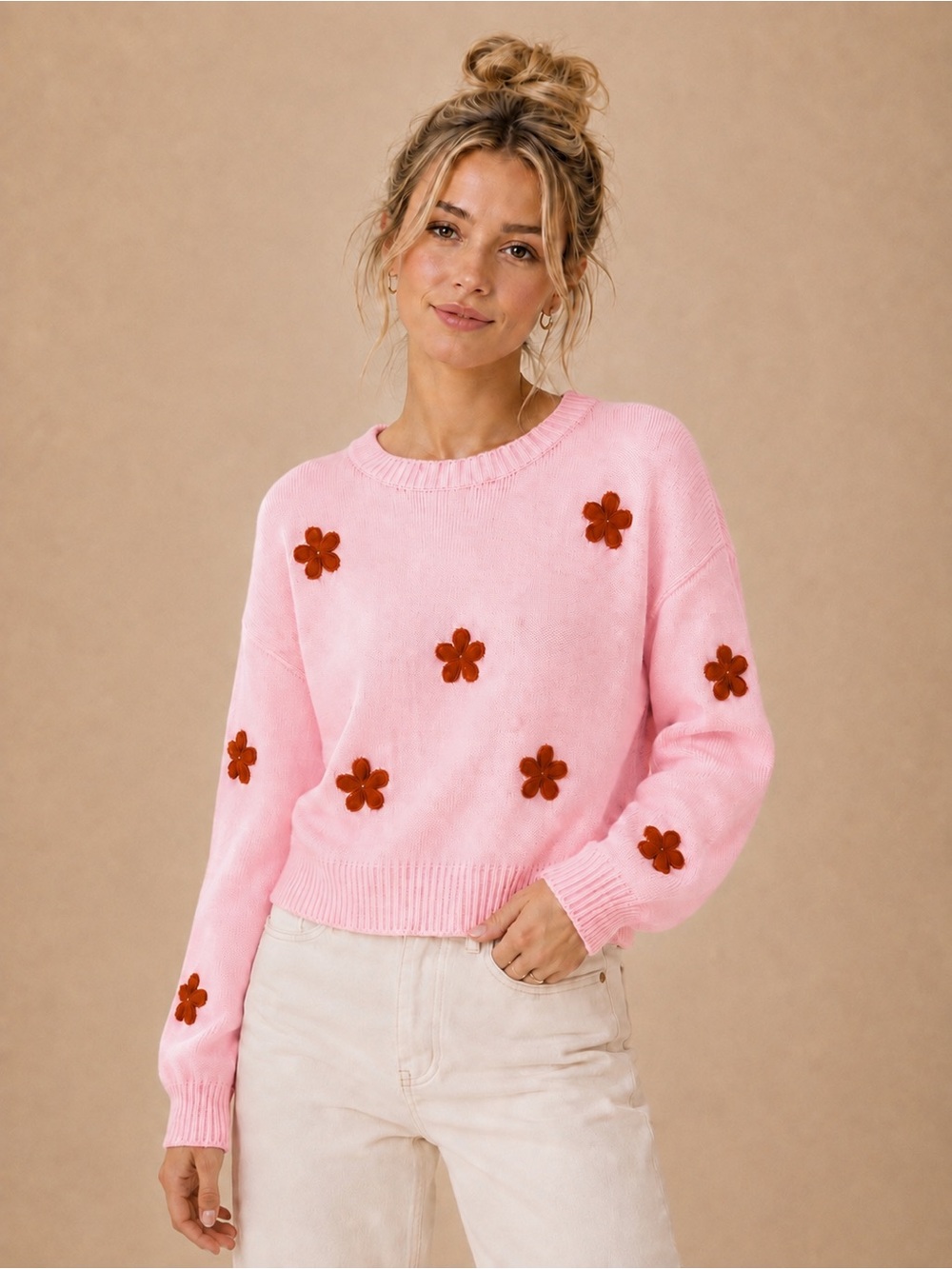Entro Pink Crewneck Oversized Drop Shoulder Sweater Rust Color Flower Appliqués